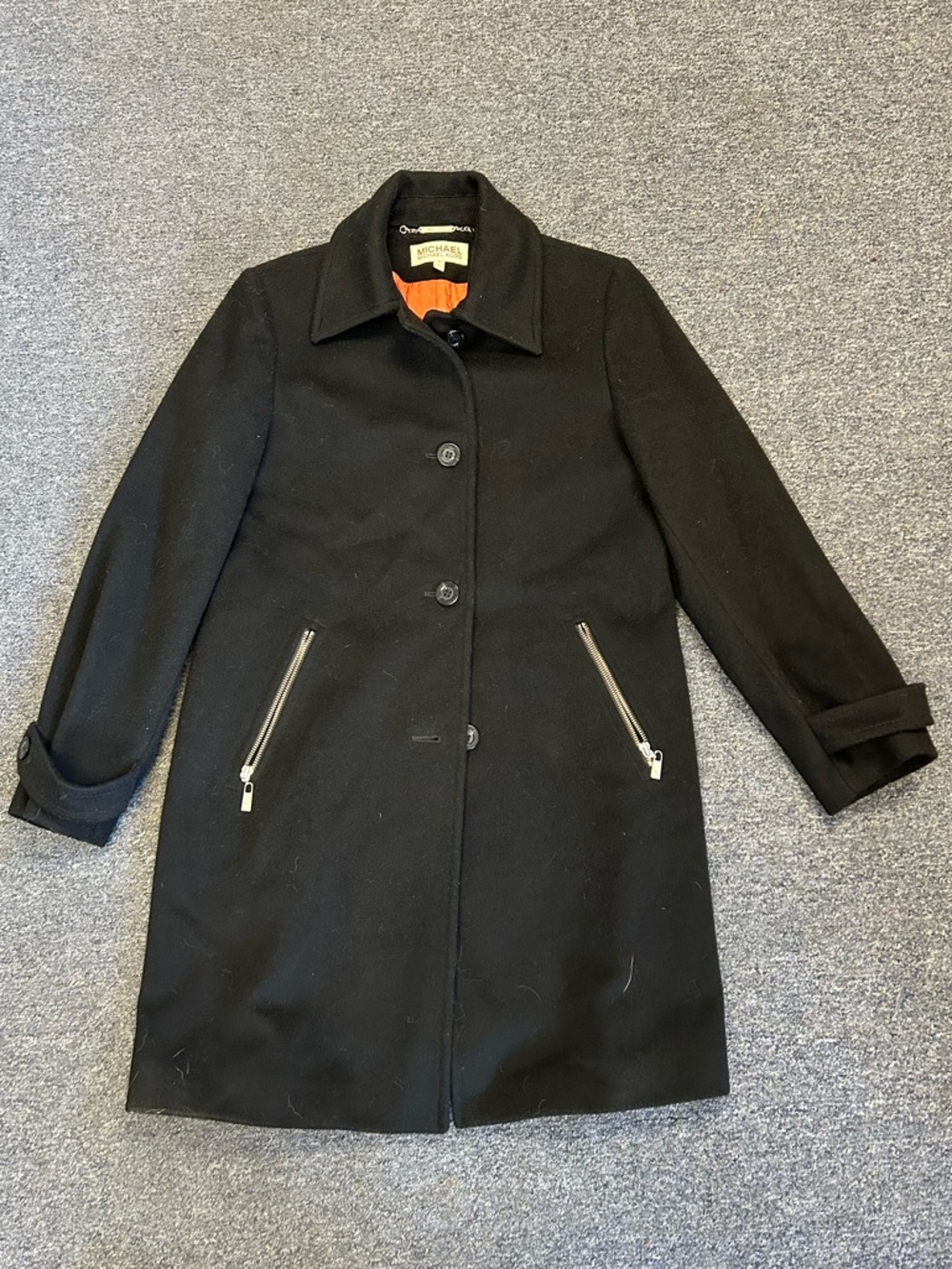 Michael Kors Black Wool Blend Coat Women’s Zip Pockets Orange Lining Designer